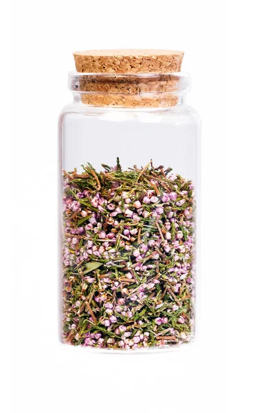 Chá de flor de Heather em uma garrafa com rolha de cortiça . — Fotografia de Stock