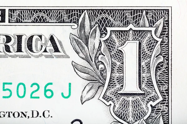 Premier chiffre extrait d'un gros plan d'un billet de un dollar américain — Photo