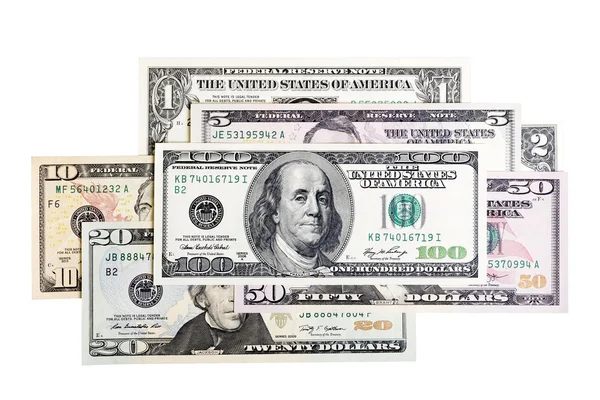 Various US dollar notes. All on white background. — Stock Photo, Image