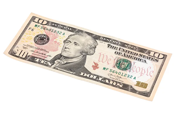 Foto de billete de 10 dólares apilado extremo aislado sobre fondo blanco — Foto de Stock