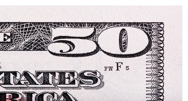 Numero 50. 50 valkoisella setelillä eristetyn setelin sirpale . — kuvapankkivalokuva
