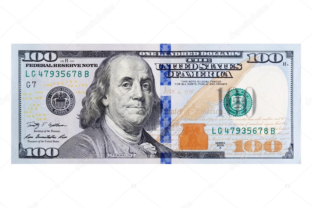 Obverse of one hundred U.S. dollar bill close-up.