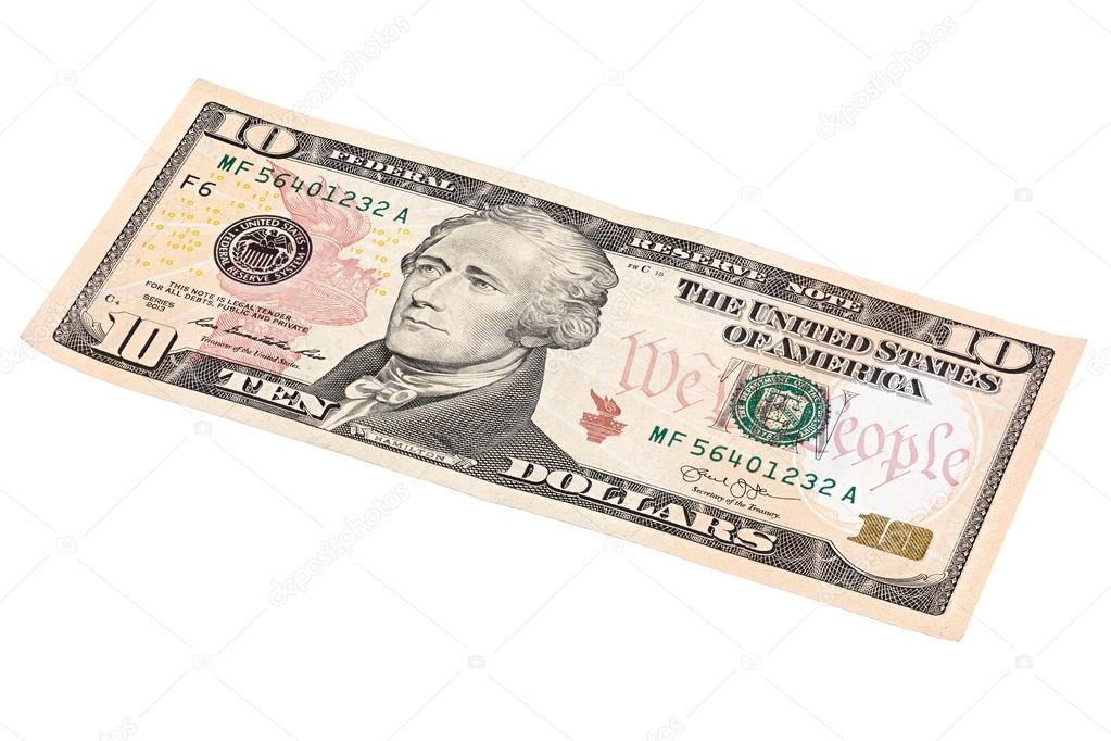Photo of 10 dollars bill stacked end isolated on white backgroun