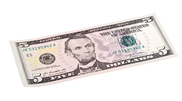 Pięć dolara amerykańskiego banknotu na białym tle koniec ułożone na biały backgrou — Zdjęcie stockowe