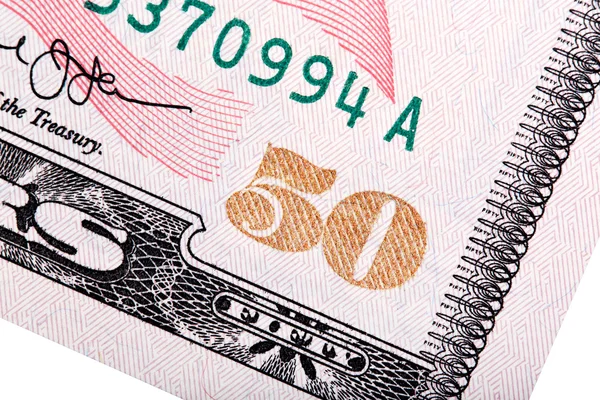 Dettaglio banconota da 50 dollari isolato su bianco . — Foto Stock