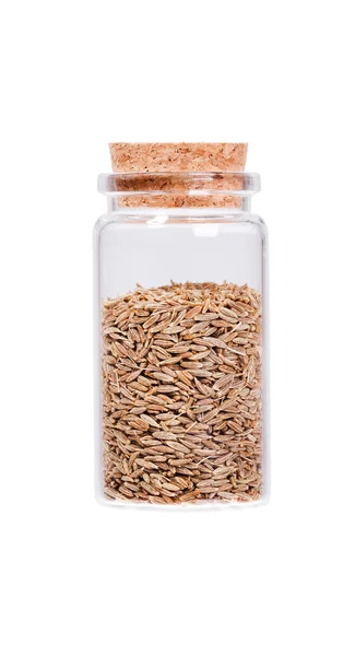 Cumin seeds in a glass bottle with cork stopper, isolated on whi — Stock Photo, Image