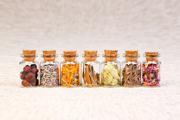 Bottles with herbs used in homeopathy. — Stock Photo, Image