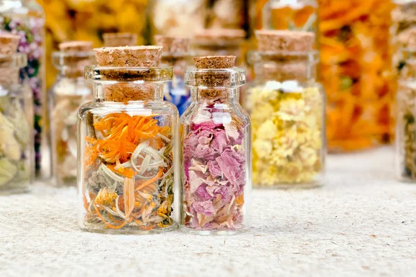 Bouteilles aux herbes utilisées en médecine non traditionnelle . — Photo