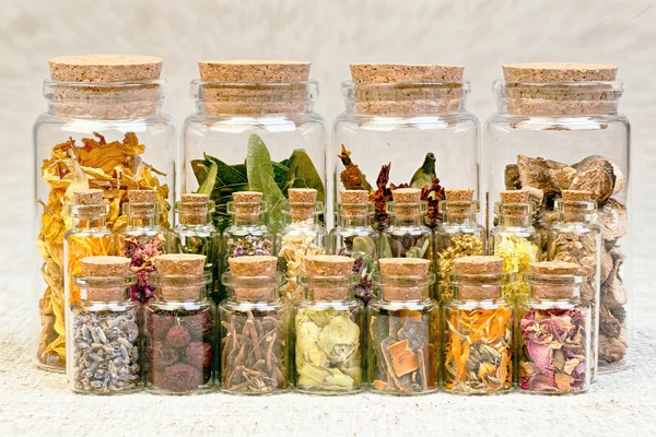 Healing herbs and tinctures in bottles on sackcloth, dried flowe — Stock Photo, Image
