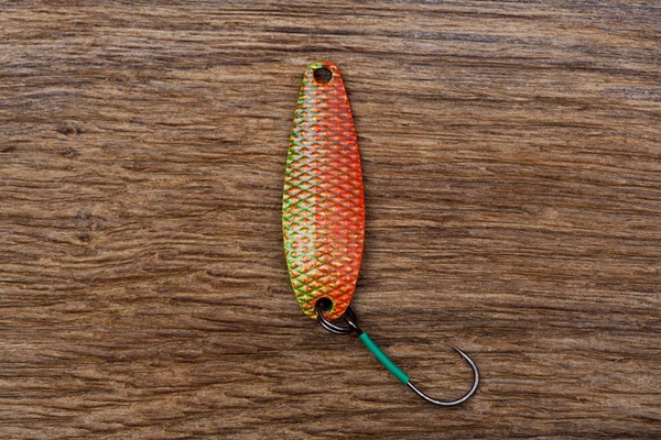 Fishing lure of colorful on the old wooden table. — Stock Photo, Image