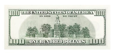Beyaz izole eski yüz dolarlık banknot arkası.