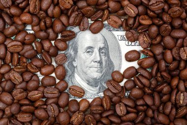 Dolar (bize para) kahve çekirdekleri ile kaplı.