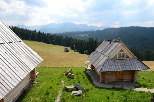 Paesaggio montano con casa in legno — Foto Stock