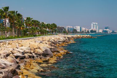 Ada kıyı şeridi ve mesire Limasol, Kıbrıs, Avrupa, Akdeniz. Parlak güneşli bir günde ve masmavi bir deniz ve gökyüzü.