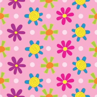 Puantiyeli ve çiçekli pembe arkaplan pürüzsüz bir tekrarlama kalıbı oluşturur. El sanatları projeleri, ambalaj ve ürün tasarımı, dekor projeleri, kumaş & tekstil baskısı ve daha fazlası için mükemmel.