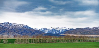 panoramik resimli yeşil vadi eteklerle kaplı dağlar karla kaplı ve arka planda kara bulutlarla kaplı bir gökyüzü