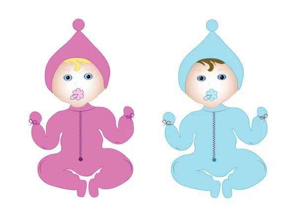 Dos Niños Sentados Vestidos Con Overoles Una Niña Niño Bebés — Vector de stock