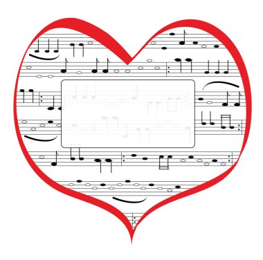 Müzik notalarıyla aşkın kırmızı kalbi. Müzik notaları vektör içindeki bir mesaj için belli belirsiz şeffaf çerçeveli siyahtır.
