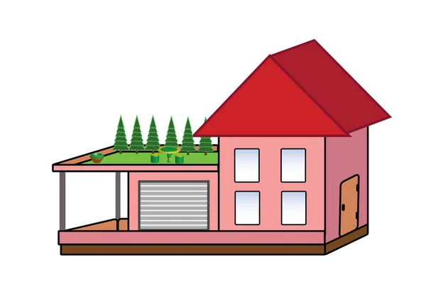 Illustration Einer Farbenfrohen Villa Mit Terrasse Und Garage Familienvilla Mit — Stockvektor