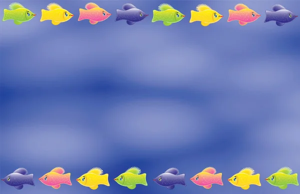 Mavi Arkaplanlı Balıklı Renkli Pankartlar Mavi Boşluğunda Metinleriniz Çerçeve Için — Stok fotoğraf
