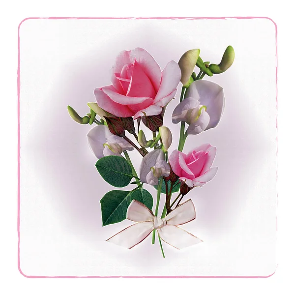 Bukiet Kwiatów Róż Pąków Freesias Białą Wstążką — Zdjęcie stockowe