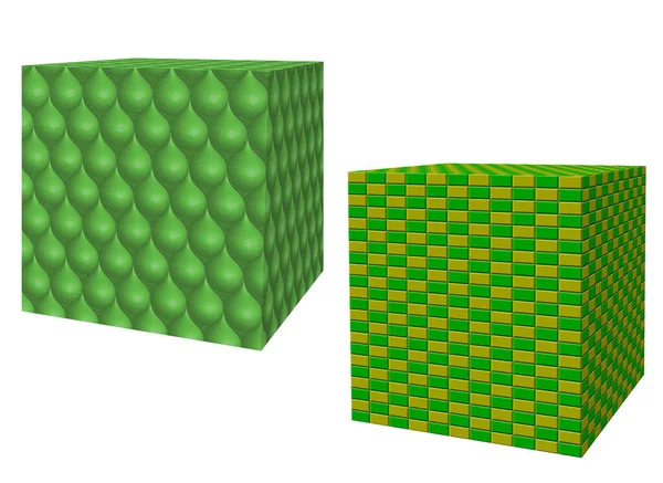Two Cube Shaped Patterned Green Boxes Objects Packages Geometric Pattern — Fotografia de Stock
