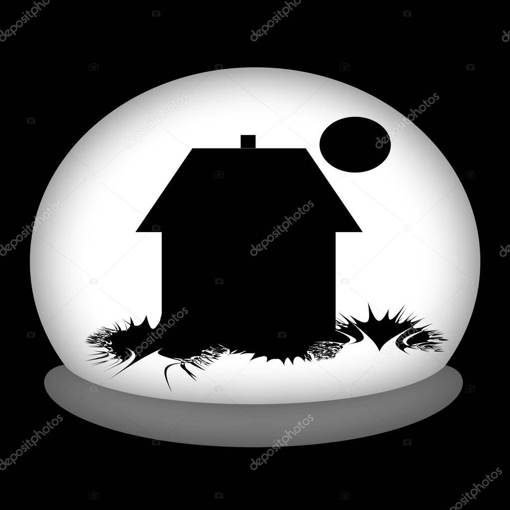 Black and white image of a villa silhouette in a sphere of day and night. Illustration of a building in metaphor in black isolated.