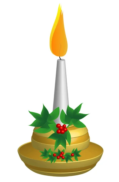 Golden Candlestick, green Candle, 3d — Stock Vector