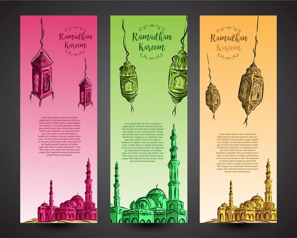 Ramadan Banners met Arabische lantaarns en moskeeën — Stockvector