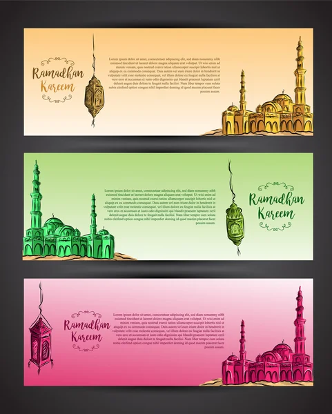 Bannières Ramadan avec des lanternes arabes et des mosquées — Image vectorielle