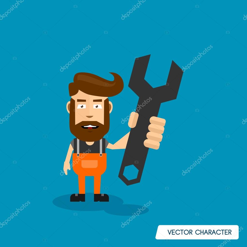 Bearded Man Hold Wrench. vector illustration