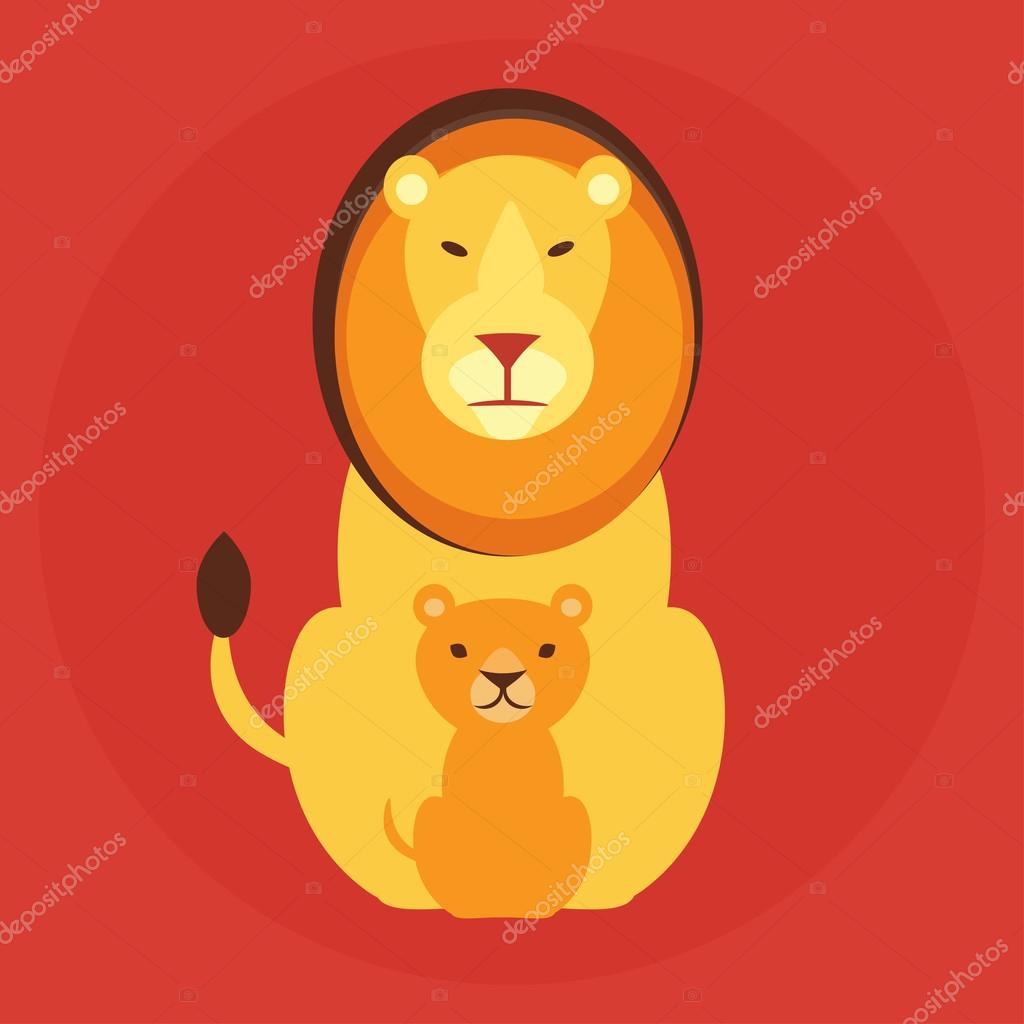 Flat lion family on red background