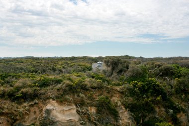 Minibüs, Port Campbell Ulusal Parkı, Büyük Okyanus Yolu, Victoria, Avustralya 'da güzel ve vahşi bitkilerle dolu bir otoyolda ilerliyor..