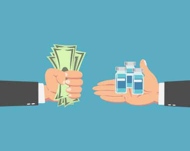 Coronavirus aşısını satın alan işadamının eli mavi arka planda izole edildi. Covid-19 Corona virüs aşısı aşı şişesi.