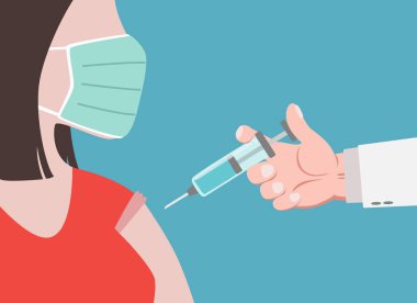 Klinikteki doktor yüz maskeli bir kadına koronavirüs aşısı yapıyor. Bağışıklık sistemi için konsept çizimi. Yetişkinlerin dokunulmazlığı, covid aşısı. Vektör illüstrasyonu.
