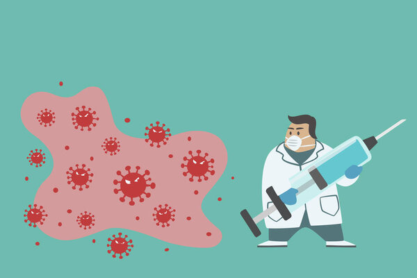 The doctor holding syringe vaccine to fight against virus.Flu influenza vaccine clinical trials concept. vector illustration.