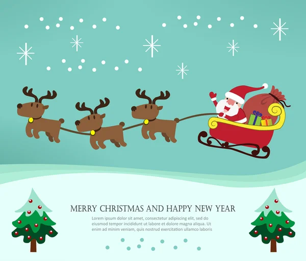 Christmas card with santa claus and his reindeer — Stock Vector