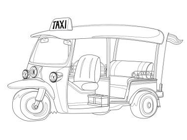Tuk-Tuk Tayland taksi siyah ve beyaz anahat