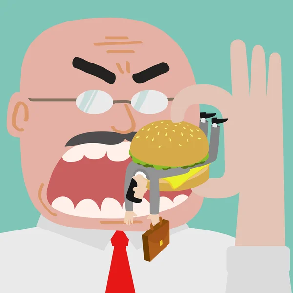 Jefe comiendo hombre de negocios que quedan atrapados por hamburguesa — Archivo Imágenes Vectoriales