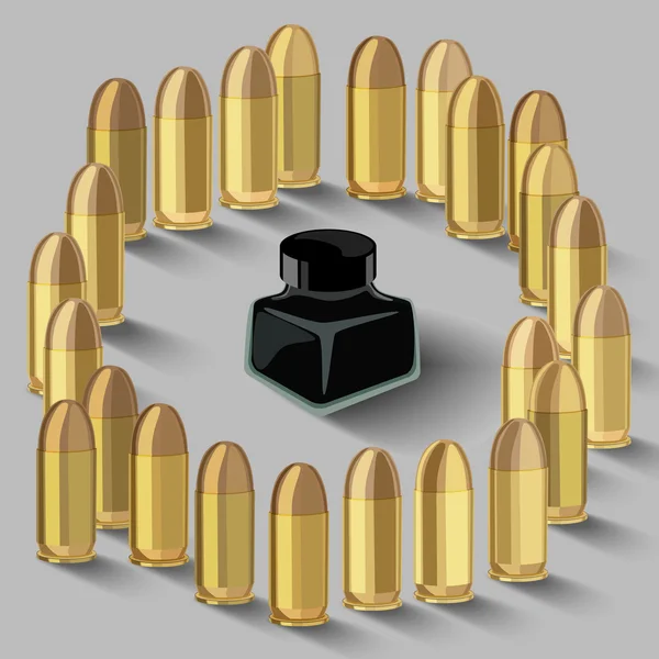 Ink bottle surrounded by bullets — Stock Vector