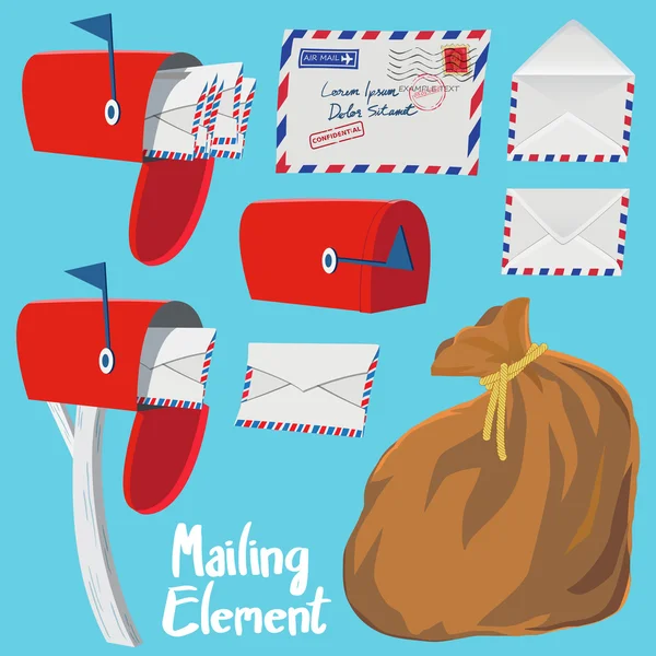 Conjunto de buzón de correo rojo, sobre de carta y bolsa de correo — Vector de stock