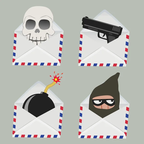 Aantal witte envelop met schedel, pistool, bom en dief binnen — Stockvector