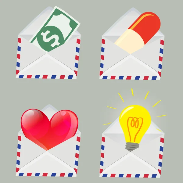 Set van witte envelop met geld, pil, rood hart en gloeilamp binnen — Stockvector