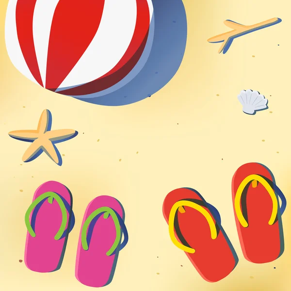 Summer beach with sandal and beach ball — Stock Vector