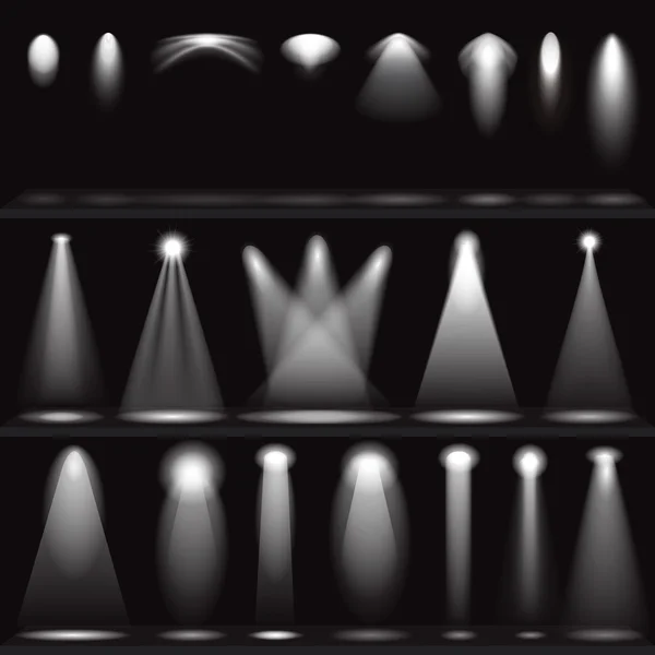 Set de iluminaciones de escena, proyectores, proyectores . — Vector de stock