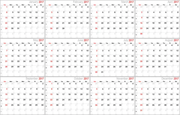 Calendario vettoriale 2017 — Vettoriale Stock