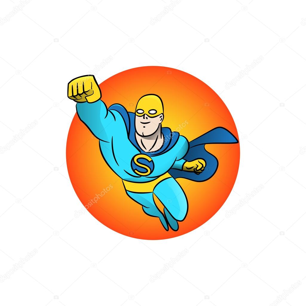 Flying Superhero logo in blue clothing. Vector illustration