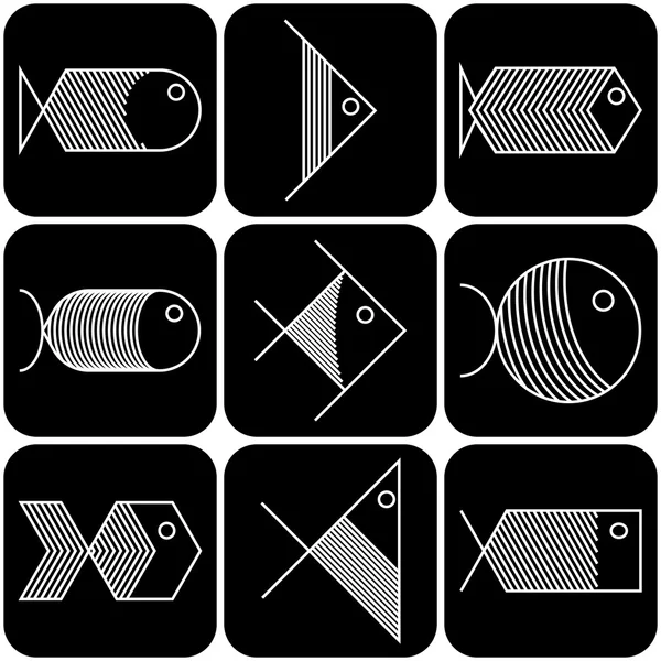 Conjunto de iconos de peces blancos vectoriales sobre fondo negro — Vector de stock