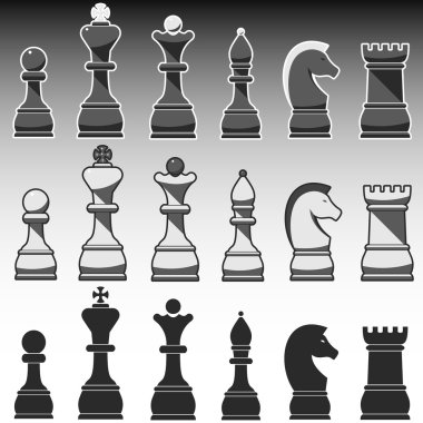 Satranç figürleri, siyah, gri ve beyaz set