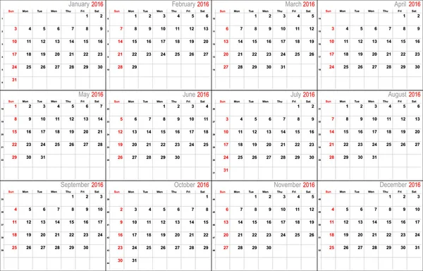 Vektorové kalendář 2016 — Stockový vektor